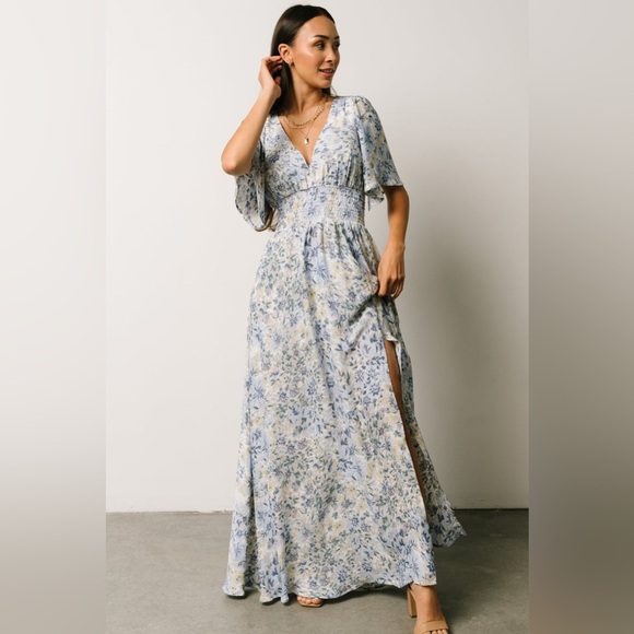 Baltic Born Verona Smocked Maxi Dress White and Blue Floral sz M - Picture 3 of 11